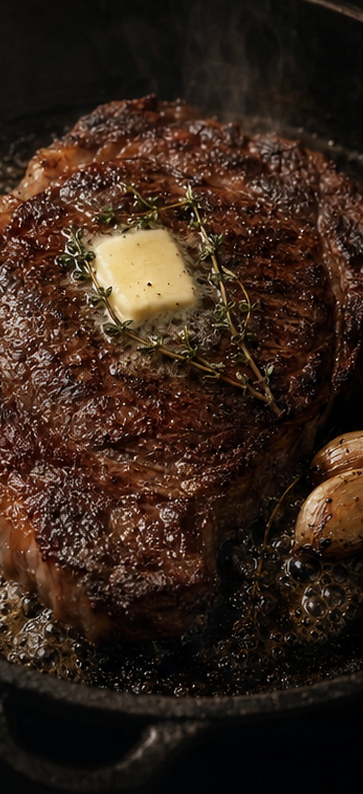 Oishi Reserve ribeye searing in cast iron